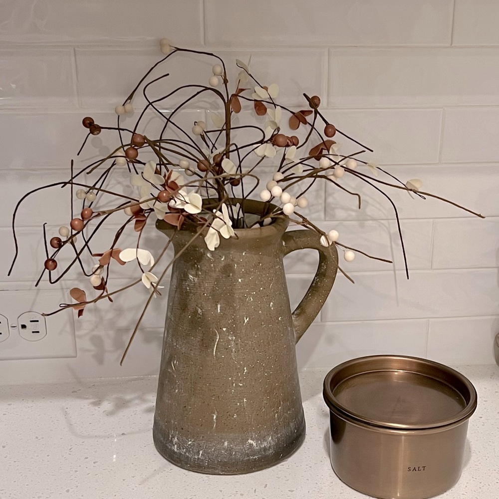 Rustic Pitcher Distressed Decor Vase and a Floral Berry Branch Stem Bundle